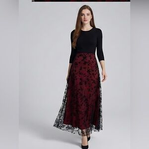 Floral Flocking Tulle Long A-Line Skirt Red